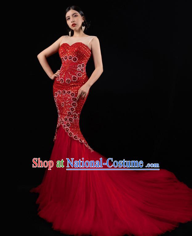 Top Grade Stage Performance Costume Beading Embroidery Full Dress Modern Dance Red Veil Trailing Dress