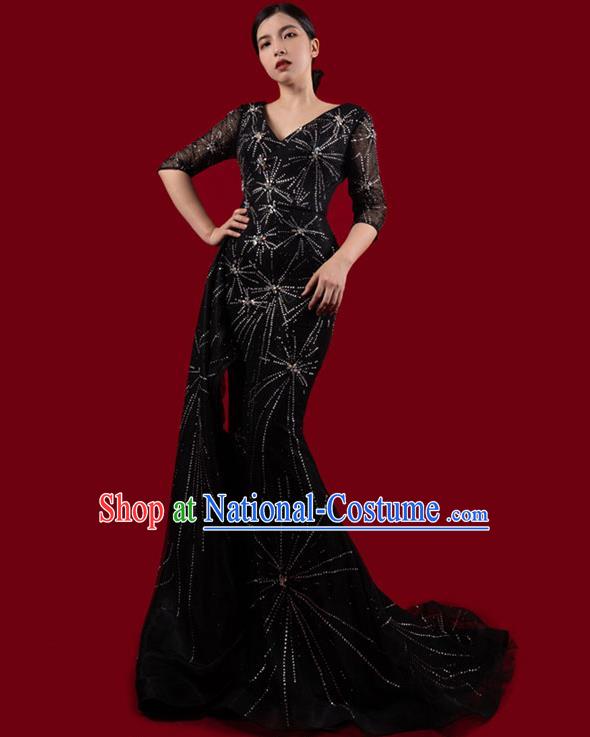 Top Grade Modern Dance Black Drilling Dress Stage Performance Costume Trailing Full Dress