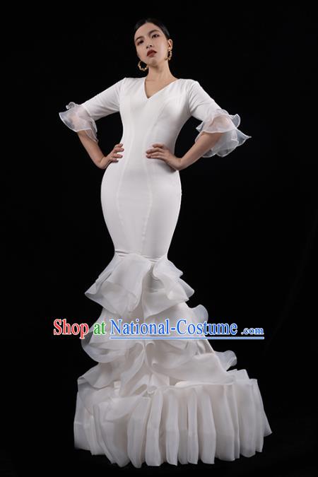 Top Grade Fishtail Dress Catwalks White Veil Dress Stage Performance Costume