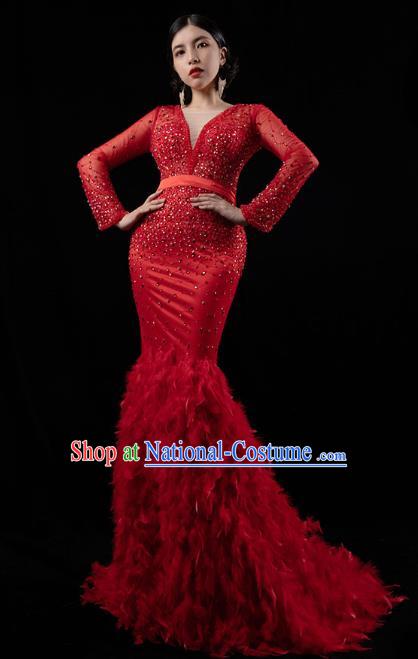 Top Grade Catwalks Red Feather Trailing Dress Compere Stage Performance Dress Costume