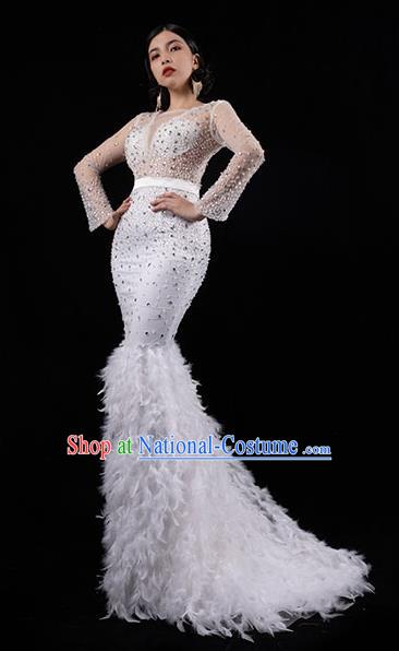 Top Grade Compere Full Dress Catwalks White Feather Trailing Dress Stage Performance Costume