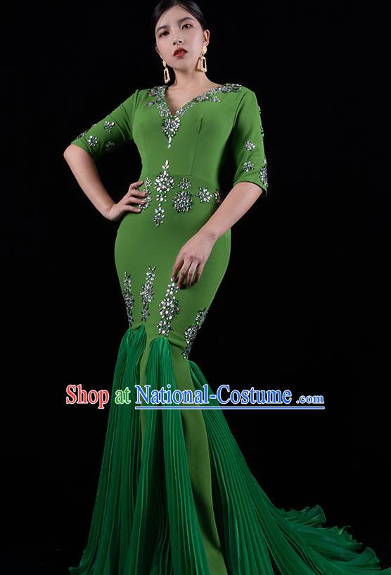 Top Grade Catwalks Green Trailing Dress Stage Performance Costume Annual Meeting Compere Full Dress