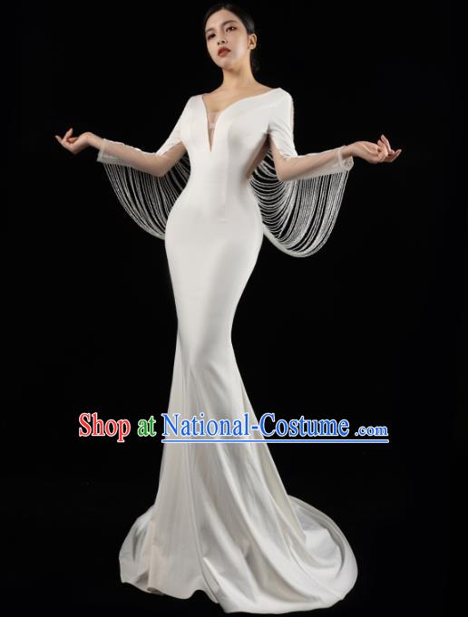 Top Grade Catwalks White Satin Fishtail Dress Stage Performance Costume Annual Meeting Compere Beads Tassel Full Dress