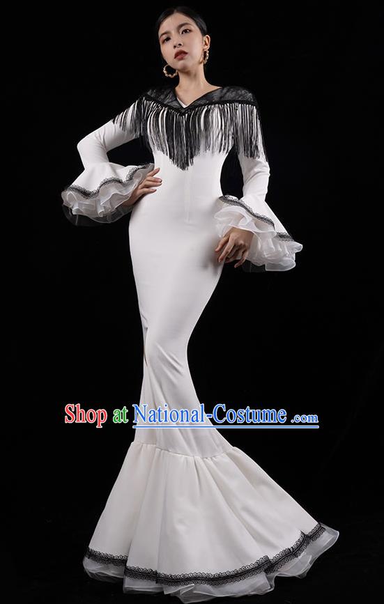 Top Grade Annual Meeting Compere Full Dress Stage Performance Costume Catwalks White Fishtail Dress