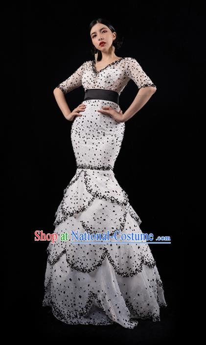 Top Grade Stage Performance Costume Catwalks White Fishtail Dress Annual Meeting Compere Layered Full Dress