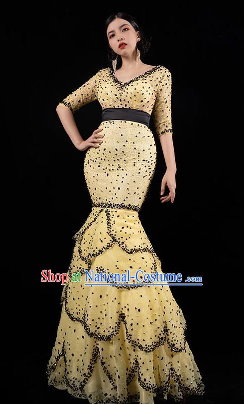 Top Grade Annual Meeting Compere Layered Full Dress Stage Performance Costume Catwalks Yellow Fishtail Dress