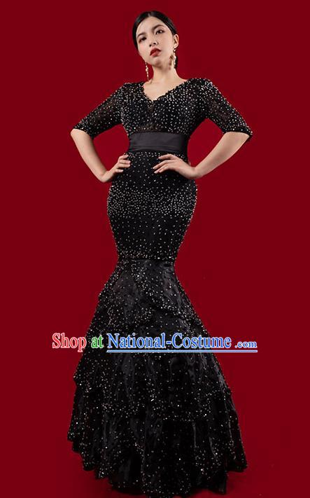 Top Grade Catwalks Black Fishtail Dress Annual Meeting Compere Layered Full Dress Stage Performance Costume