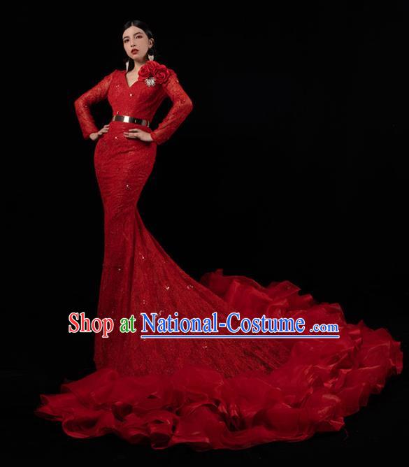 Top Grade Annual Meeting Compere Full Dress Catwalks Red Veil Long Trailing Dress Stage Performance Costume