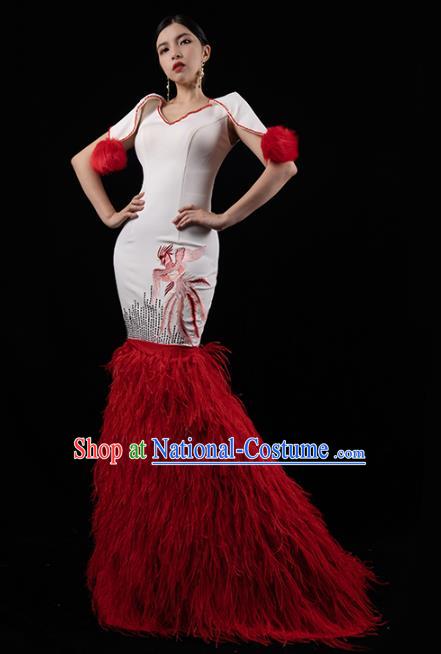 Top Grade Catwalks Red Feather Fishtail Dress Annual Meeting Compere Full Dress Stage Show Clothing