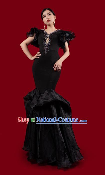 Top Grade Stage Show Clothing Catwalks Black Fishtail Dress Annual Meeting Compere Full Dress