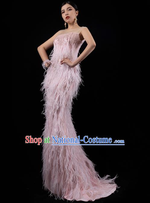 Top Grade Catwalks Pink Feather Slim Dress Stage Show Compere Clothing Annual Meeting Embroidery Sequins Full Dress