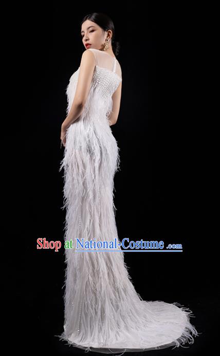 Top Grade Annual Meeting Embroidery Sequins Full Dress Catwalks White Feather Slim Dress Stage Show Compere Clothing