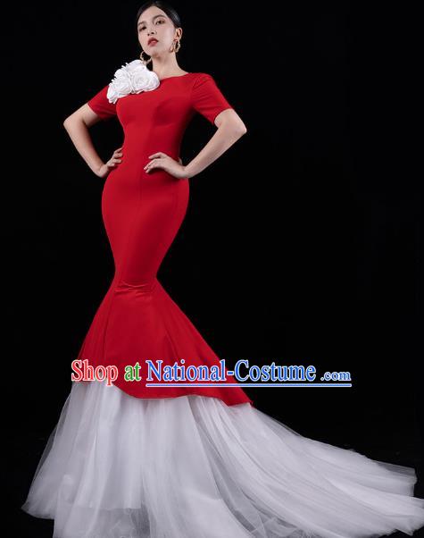 Top Grade Stage Show Compere Clothing Annual Meeting Red Full Dress Catwalks White Veil Trailing Dress