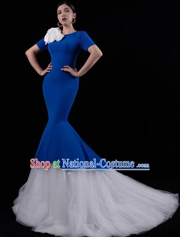 Top Grade Catwalks White Veil Trailing Dress Stage Show Compere Clothing Annual Meeting Royalblue Full Dress