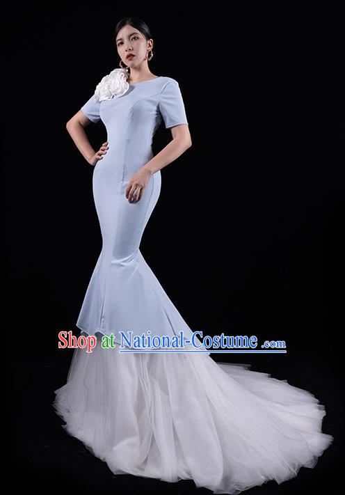 Top Grade Annual Meeting Light Blue Full Dress Catwalks White Veil Trailing Dress Stage Show Compere Clothing