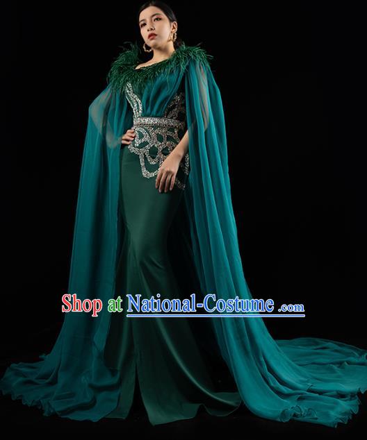 Top Grade Annual Meeting Deep Green Full Dress Catwalks Compere Trailing Dress Stage Show Clothing with Cape