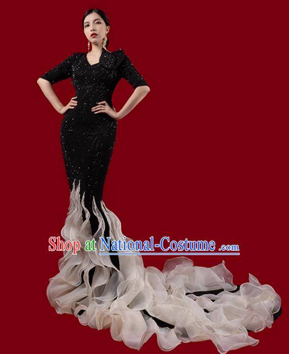 Top Grade Stage Performance Costume Annual Meeting Compere Black Fishtail Full Dress Catwalks Trailing Dress