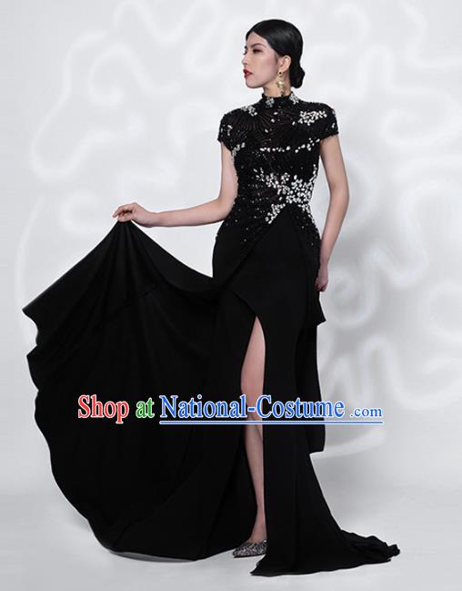 Chinese Stage Show Embroidery Beads Black Qipao Dress Catwalks Modern Cheongsam Costume