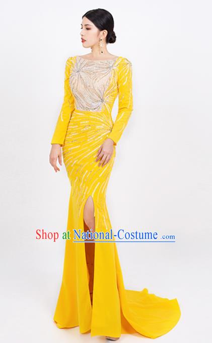 Top Grade Stage Show Clothing Annual Meeting Embroidery Beads Full Dress Catwalks Compere Yellow Trailing Dress