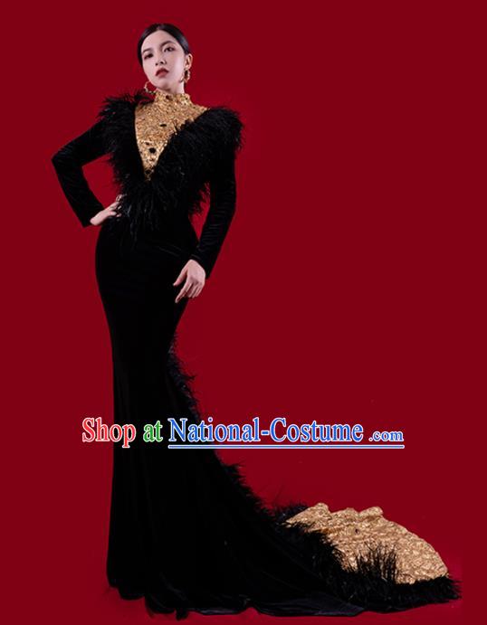 Top Grade Catwalks Compere Black Feather Trailing Dress Stage Show Clothing Annual Meeting Embroidery Beads Full Dress