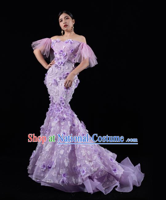 Top Grade Stage Show Clothing Annual Meeting Off Shoulder Full Dress Catwalks Compere Purple Trailing Dress