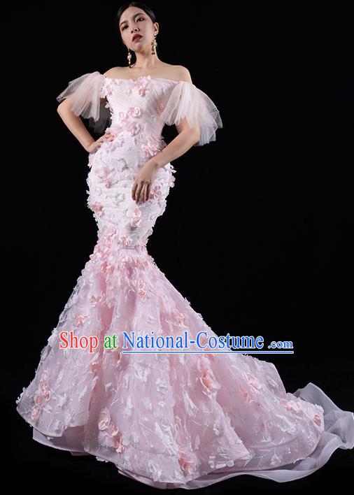 Top Grade Catwalks Compere Pink Flowers Trailing Dress Stage Show Clothing Annual Meeting Off Shoulder Full Dress