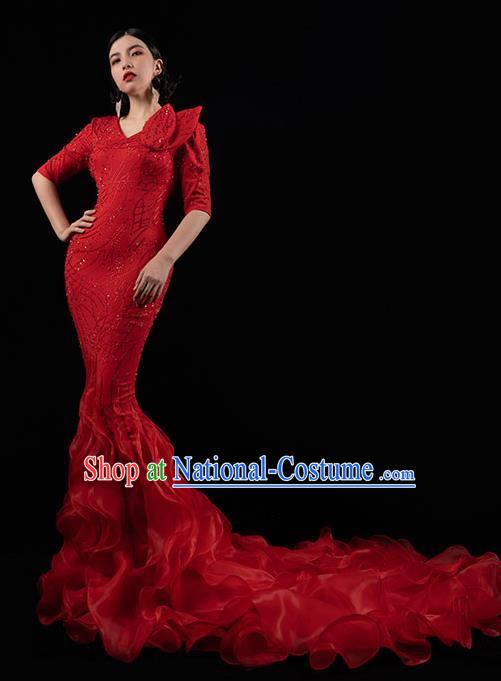 Top Grade Catwalks Red Trailing Dress Stage Performance Costume Annual Meeting Compere Fishtail Full Dress