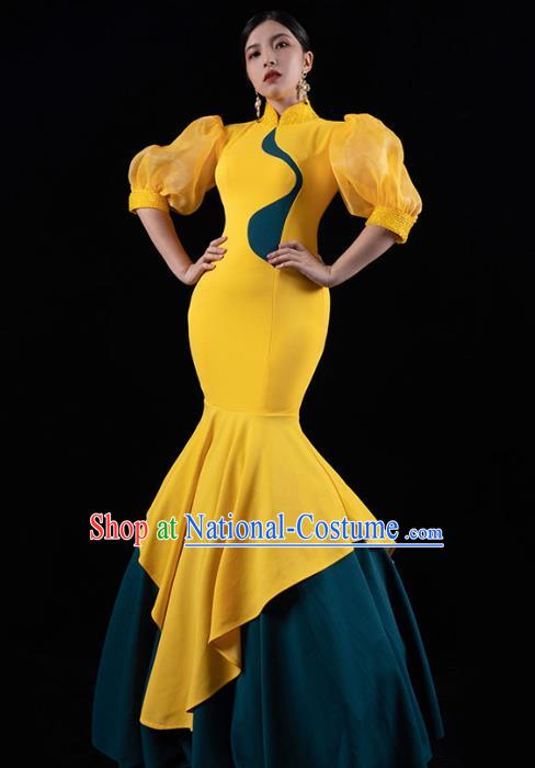 Chinese Stage Show Yellow Fishtail Qipao Dress Catwalks Costume Modern Cheongsam