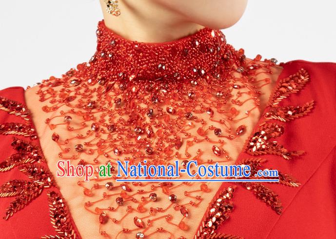 Top Grade Catwalks Embroidery Beads Trailing Dress Stage Show Clothing Annual Meeting Red Full Dress