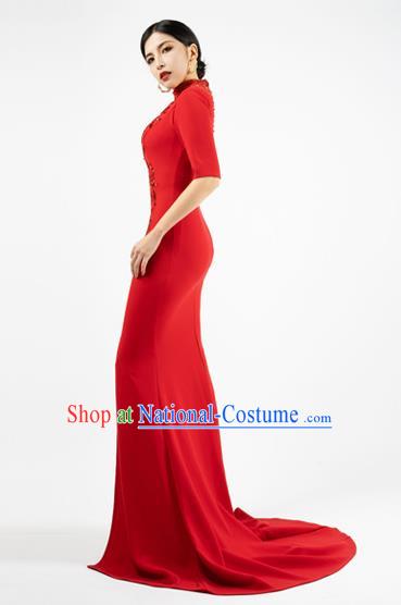 Top Grade Catwalks Embroidery Beads Trailing Dress Stage Show Clothing Annual Meeting Red Full Dress