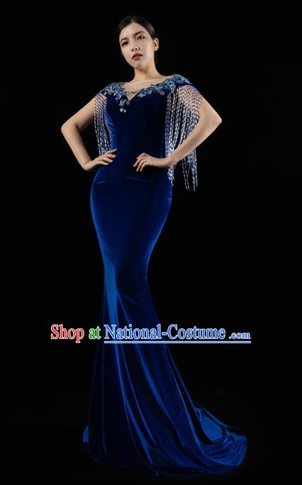 Top Grade Catwalks Royalblue Velvet Tassel Dress Stage Show Clothing Annual Meeting Trailing Full Dress