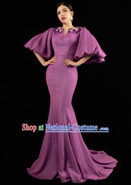 Top Grade Catwalks Purple Trailing Dress Stage Show Clothing Annual Meeting Embroidery Beads Full Dress