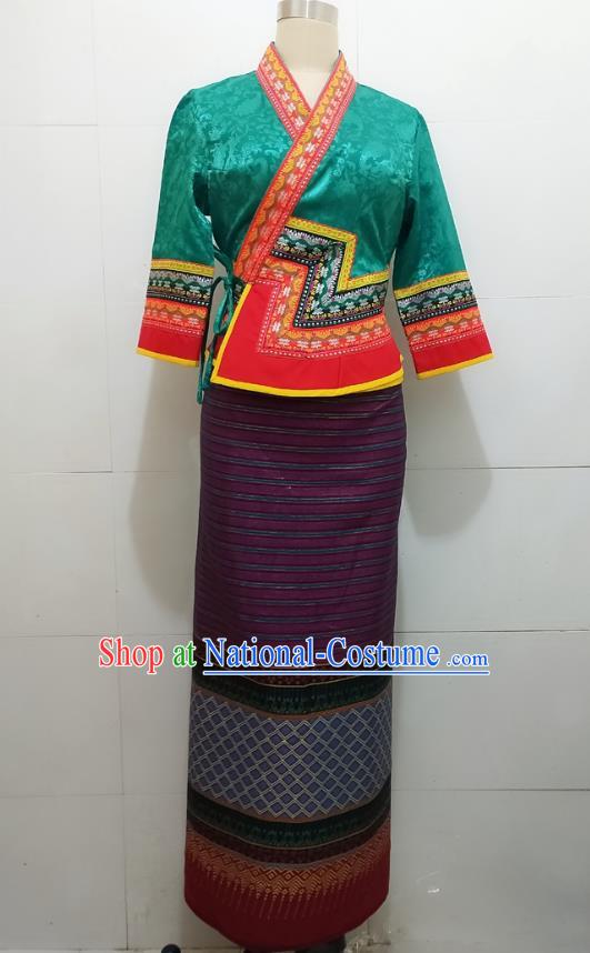 China Yunnan Ethnic Green Brocade Blouse and Purple Skirt Uniforms Dai Nationality Water Splashing Festival Dance Clothing