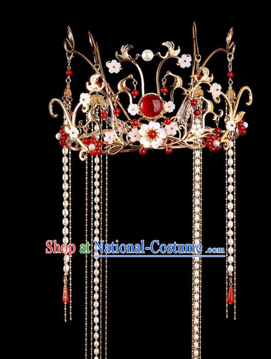 China Traditional Wedding Xiuhe Suit Headdress Ancient Bride Pearls Tassel Hair Crown