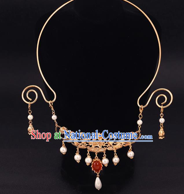 Chinese Traditional Ming Dynasty Necklace Accessories Ancient Court Woman Golden Phoenix Necklet