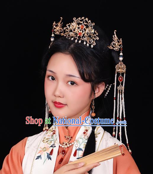 China Traditional Ming Dynasty Hair Accessories Ancient Empress Golden Phoenix Hair Crown and Pearls Tassel Hairpins