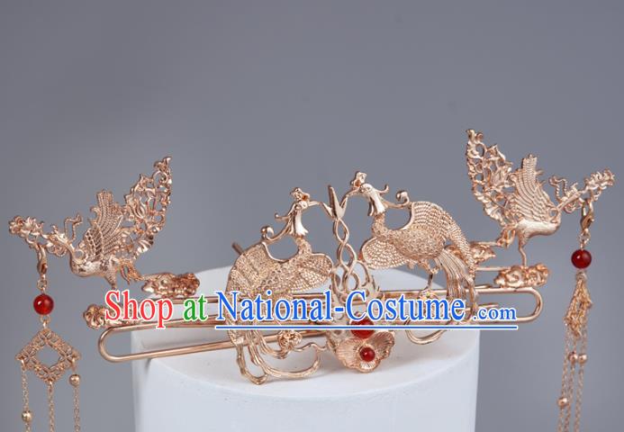 China Ancient Princess Hair Crown and Golden Phoenix Hairpins Traditional Wedding Hair Accessories