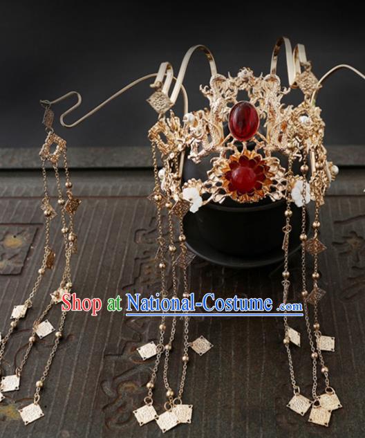 China Ancient Princess Golden Tassel Hair Crown Traditional Wedding Hanfu Headdress