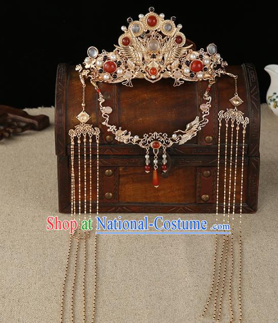 China Traditional Ming Dynasty Hanfu Hair Accessories Ancient Empress Golden Tassel Hair Crown