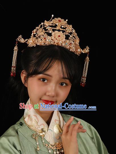 China Traditional Ming Dynasty Wedding Hair Accessories Ancient Empress Golden Peony Pearls Hair Crown