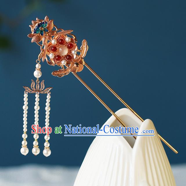 China Traditional Ming Dynasty Court Woman Hairpin Ancient Empress Pearls Tassel Hair Stick