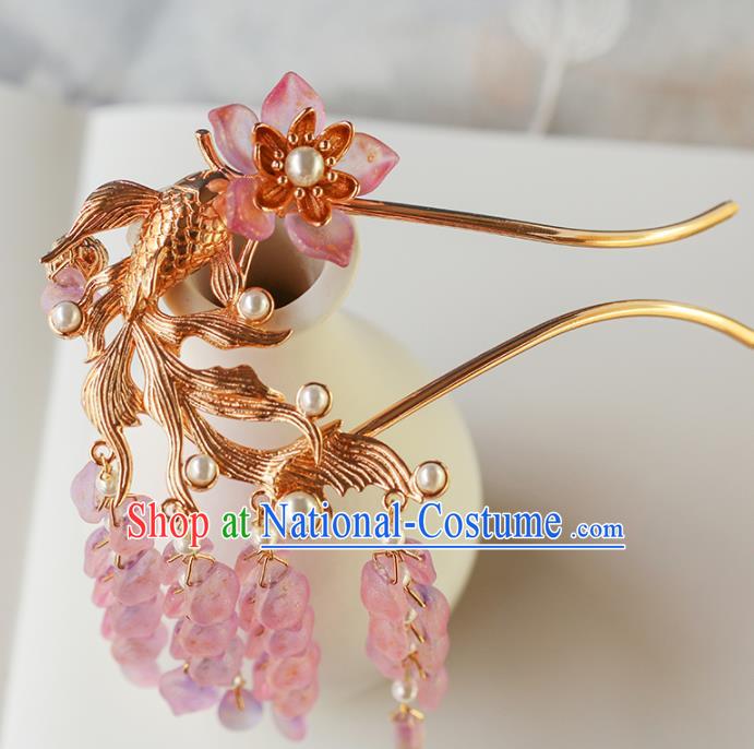 China Traditional Ming Dynasty Goldfish Hairpin Ancient Princess Wisteria Tassel Hair Stick