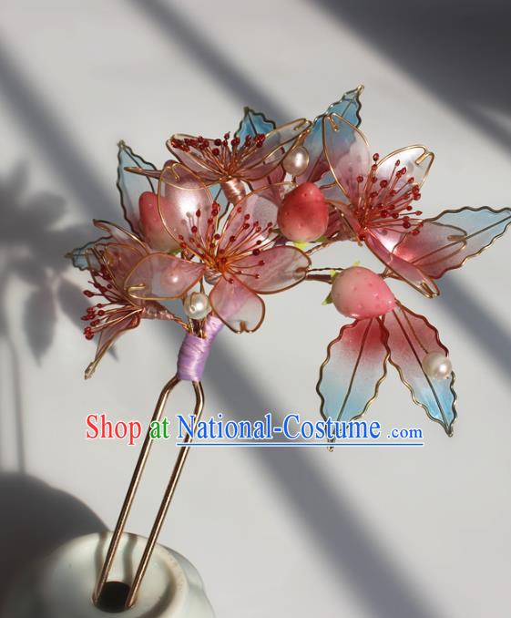 China Traditional Ming Dynasty Court Lady Hair Stick Ancient Princess Pink Flowers Hairpin