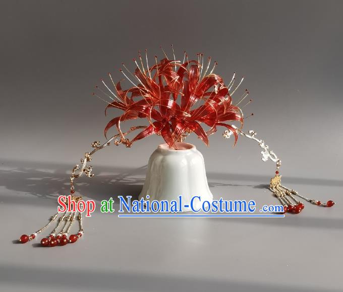 China Traditional Red Spider Lily Hair Crown Ancient Palace Princess Tassel Hairpin