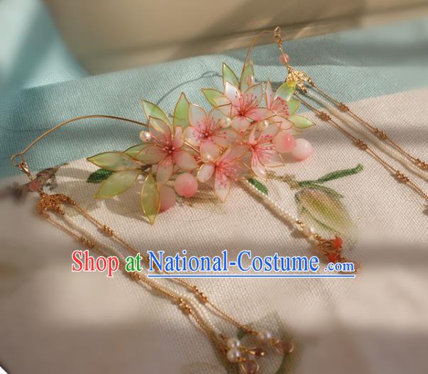 China Traditional Hanfu Beads Tassel Hair Crown Ancient Palace Princess Peach Blossom Hairpin