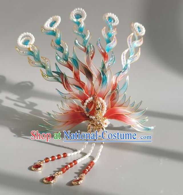 China Traditional Ming Dynasty Noble Woman Hair Crown Ancient Palace Princess Red Phoenix Tassel Hairpin