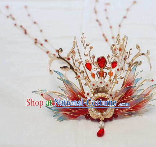 China Ancient Ming Dynasty Bride Hairpin Traditional Wedding Red Phoenix Tassel Hair Crown