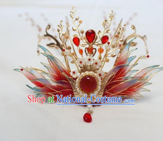 China Ancient Ming Dynasty Bride Hairpin Traditional Wedding Red Phoenix Tassel Hair Crown