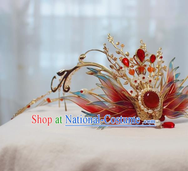 China Ancient Ming Dynasty Bride Hairpin Traditional Wedding Red Phoenix Tassel Hair Crown