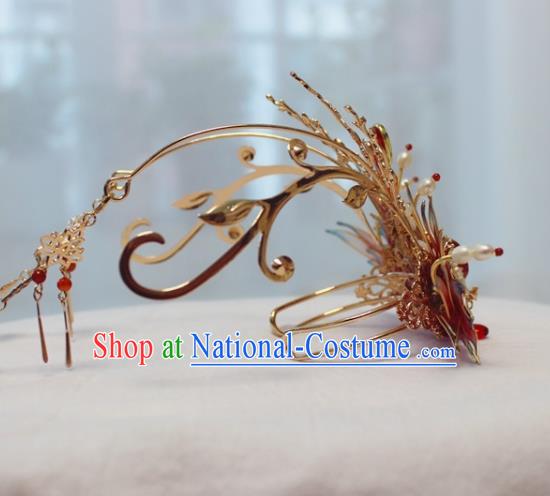 China Ancient Ming Dynasty Bride Hairpin Traditional Wedding Red Phoenix Tassel Hair Crown